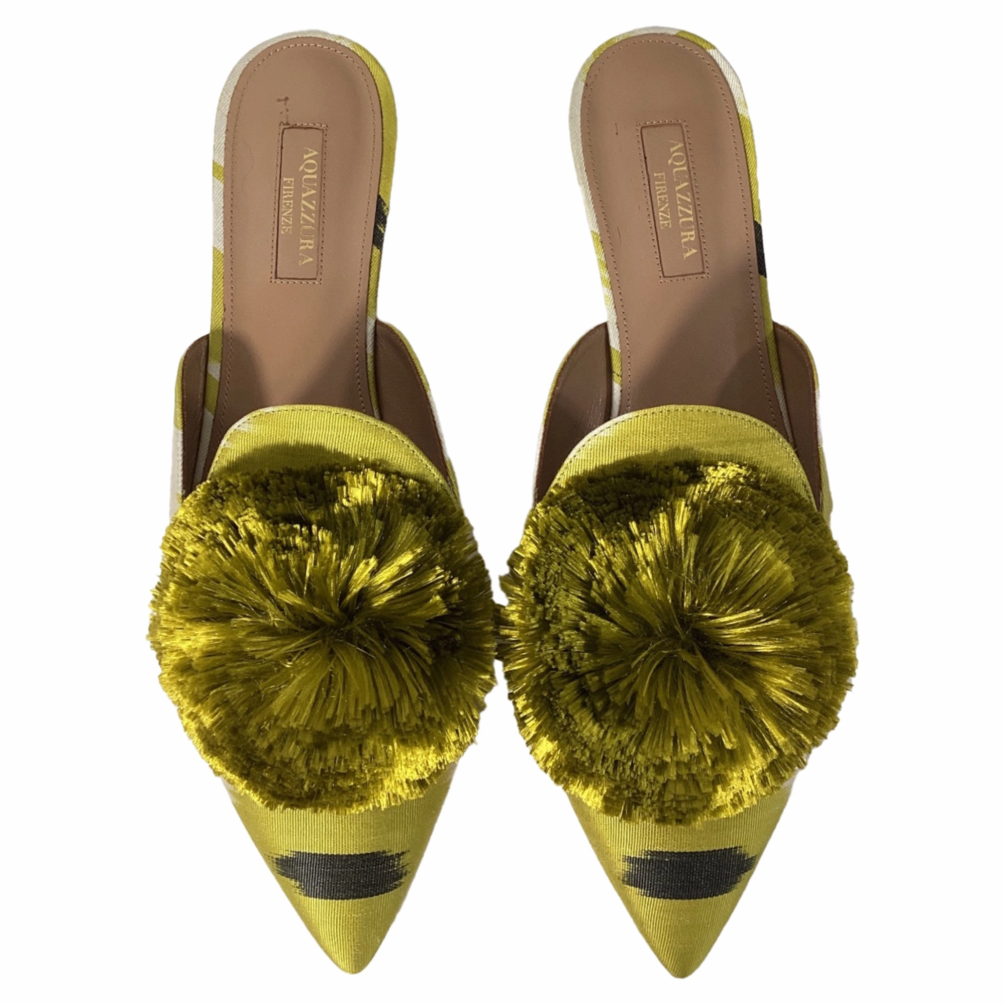 Altuzarra Powder Puff Pom Pom Mules in Green Satin