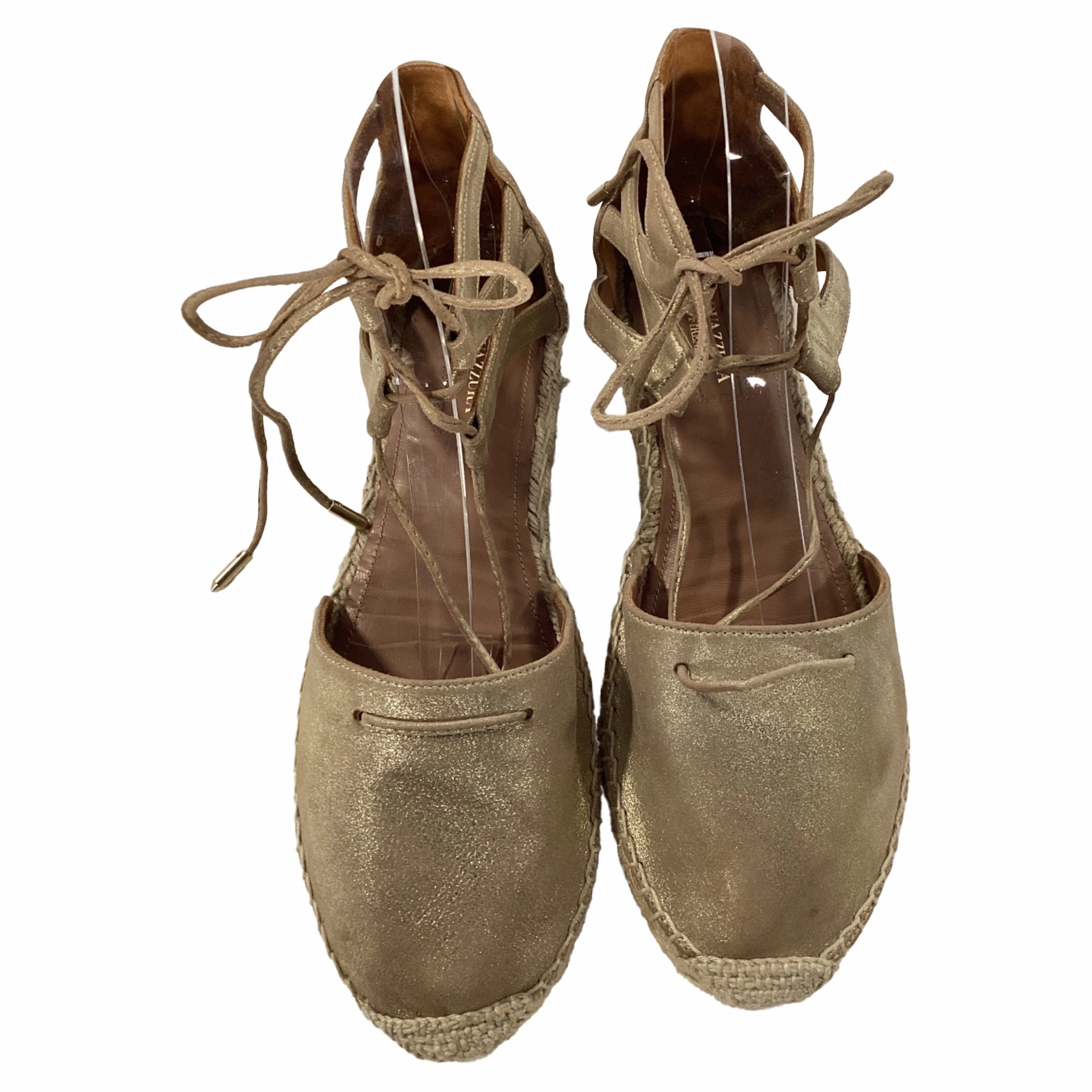 Aquazzura Lace-Up Close Toe Espadrille Flats in Gold Leather