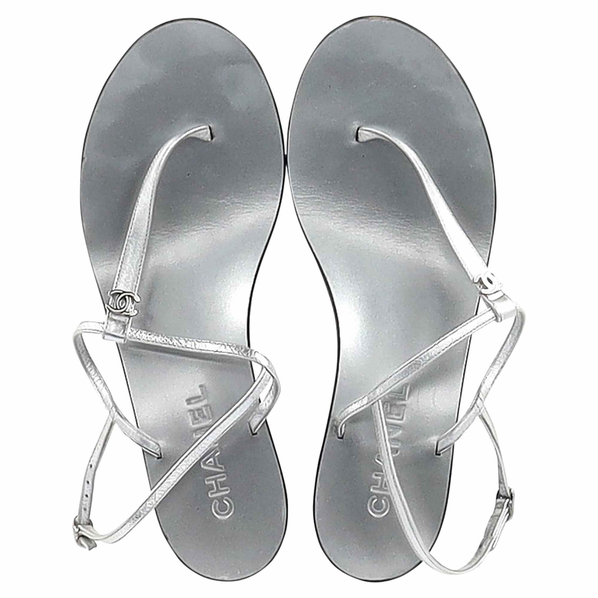 Chanel T-Strap Sandals in Silver Leather