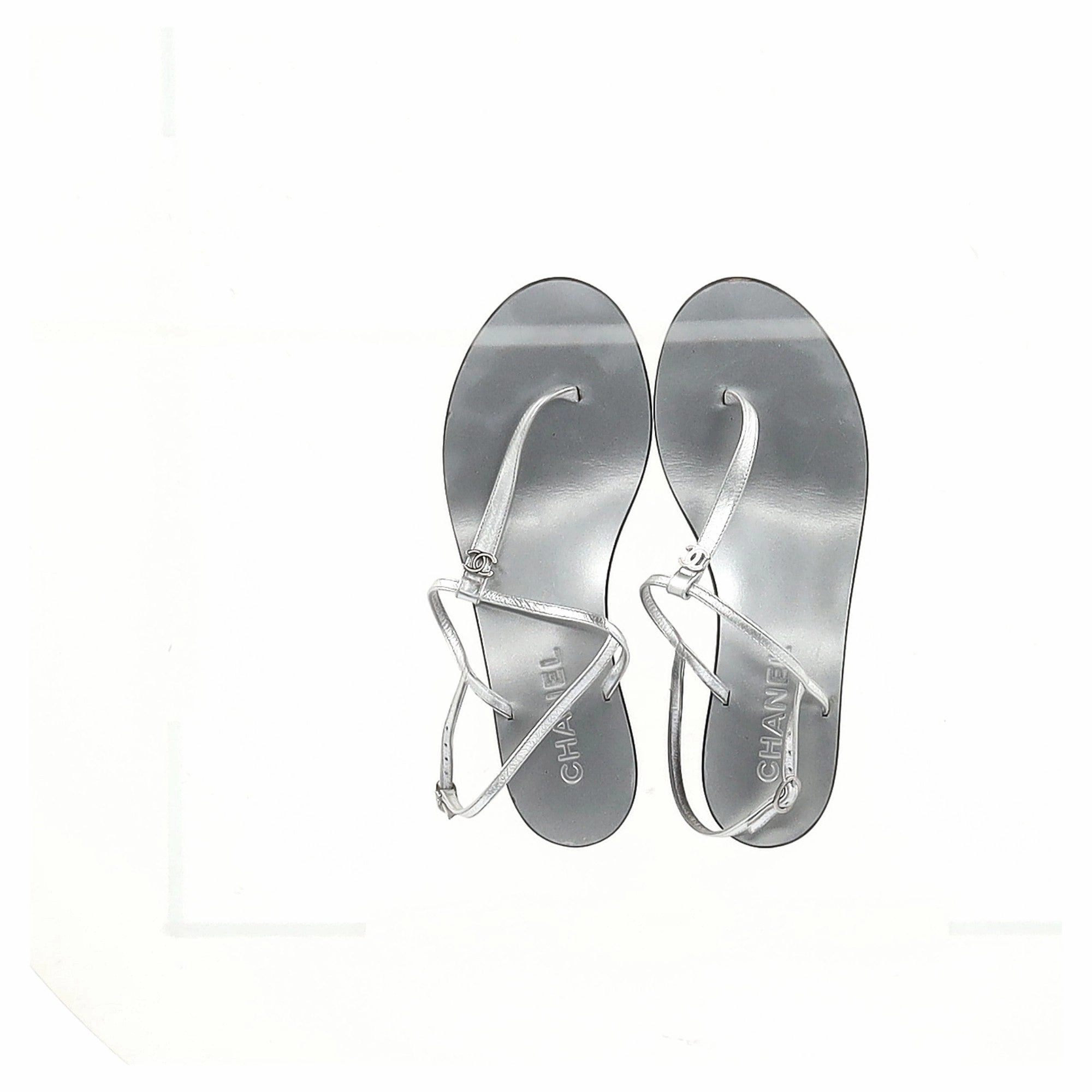Chanel T-Strap Sandals in Silver Leather