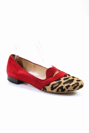 Charlotte Olympia Womens Suede Leopard Print Ponyhair Cutout Flats Red Flats for Women on sale
