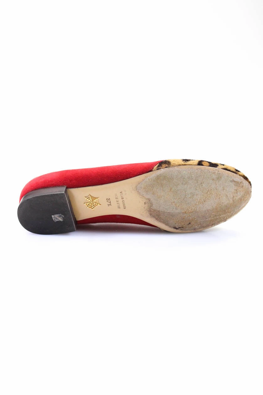 Charlotte Olympia Womens Suede Leopard Print Ponyhair Cutout Flats Red