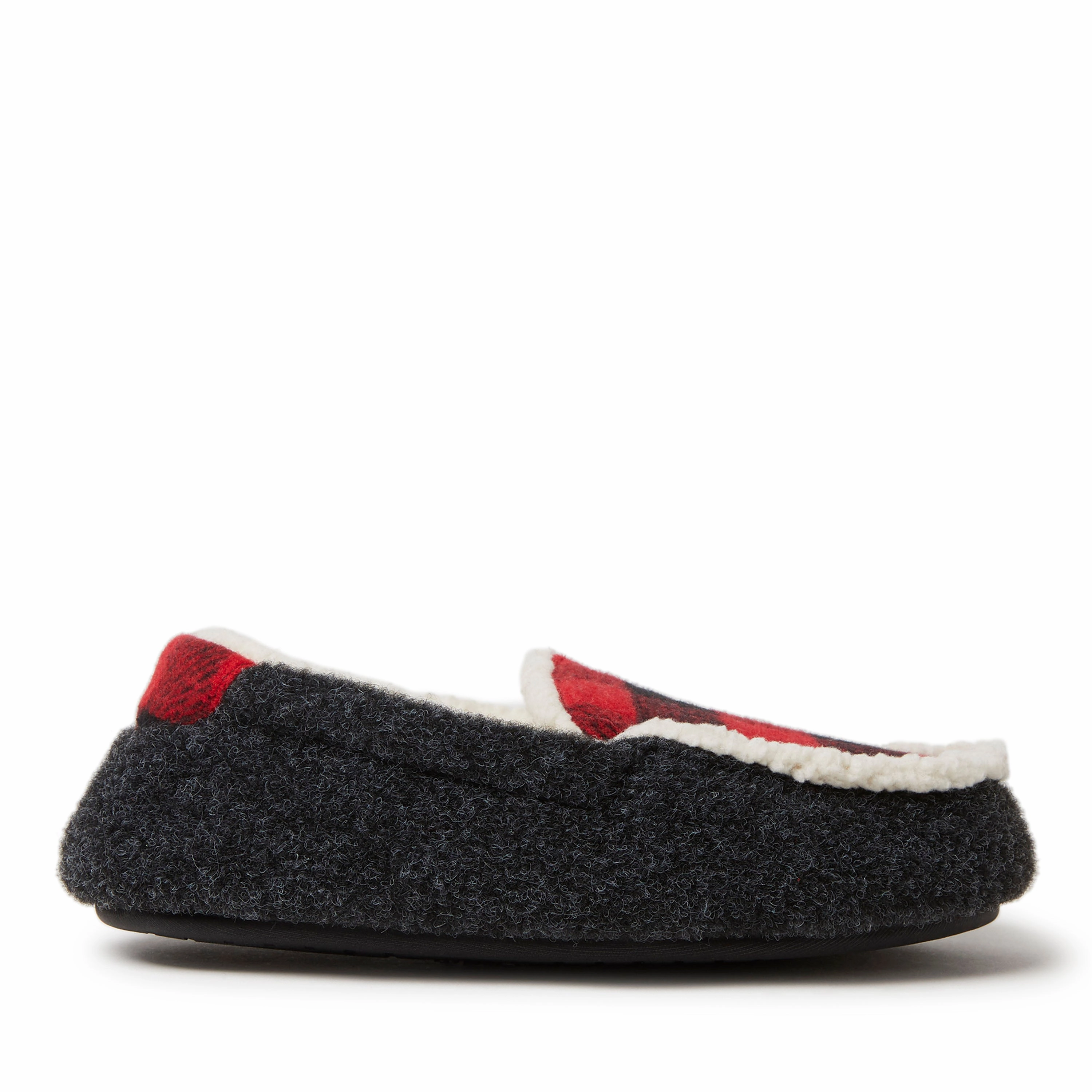 Dearfoams Kid's Unisex Hunter Felted Microwool and Plaid Moccasin Slipper