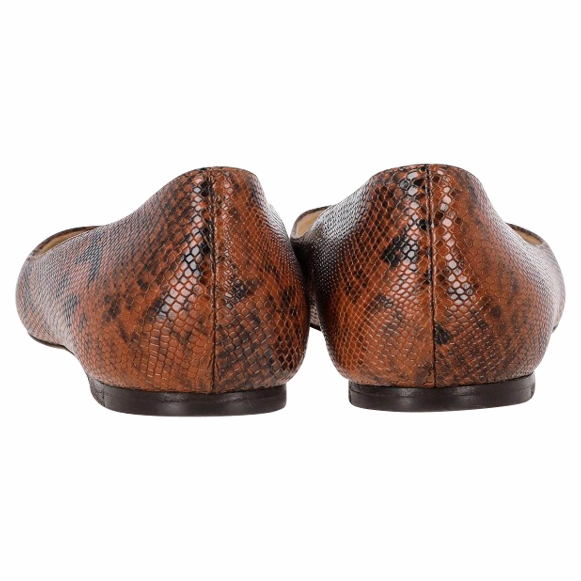 Jimmy Choo Romy Snakeskin-Embossed Ballet Flats in Brown Leather