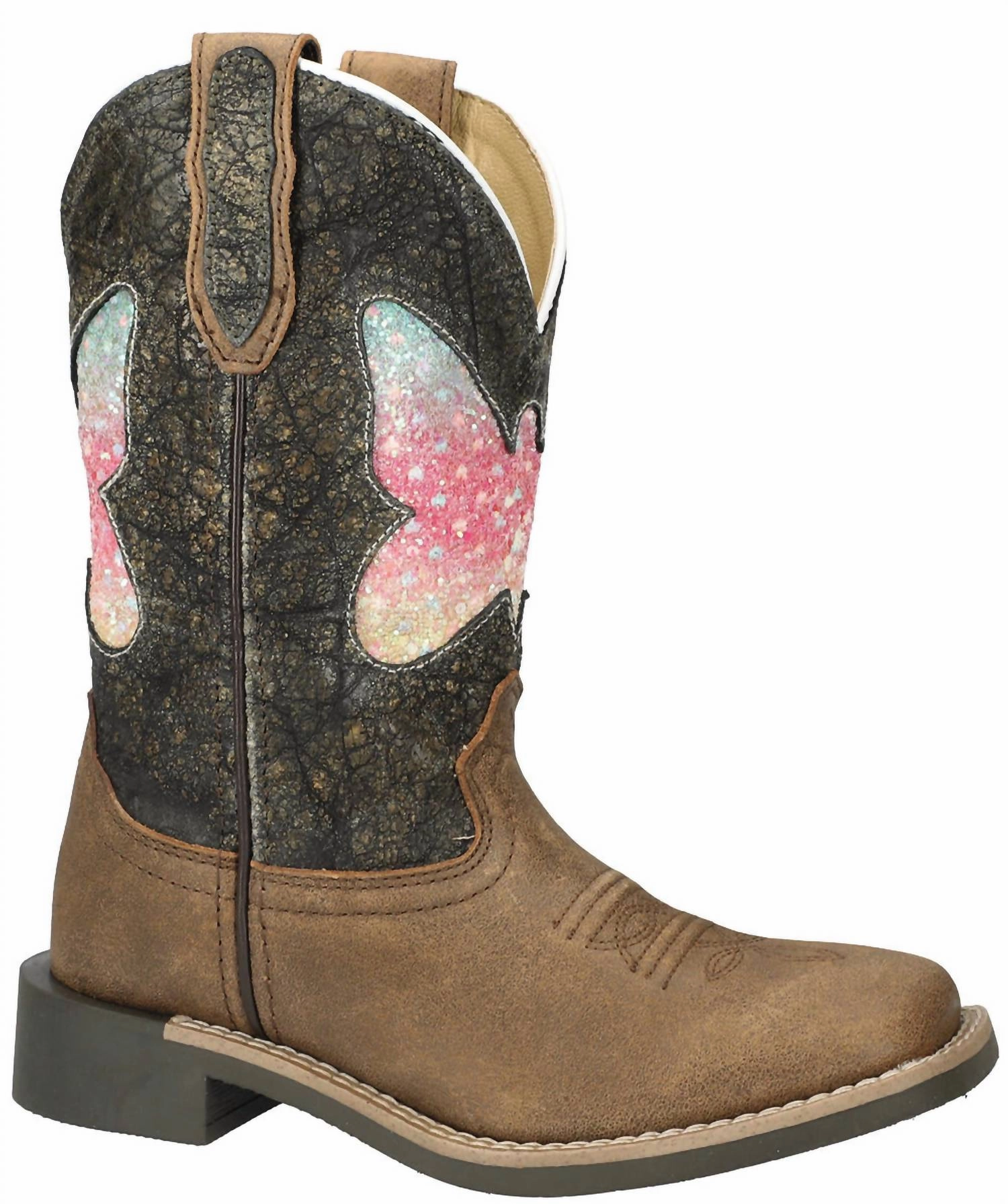 Kids' Chloe Square Toe Western Boots In Brown Distress/charcoal Online sale for Girls Shoes