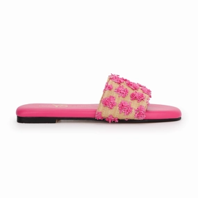 Miss Reese Slide in Pink Pom Raffia - Kids Affordable Casual Footwear for Girls
