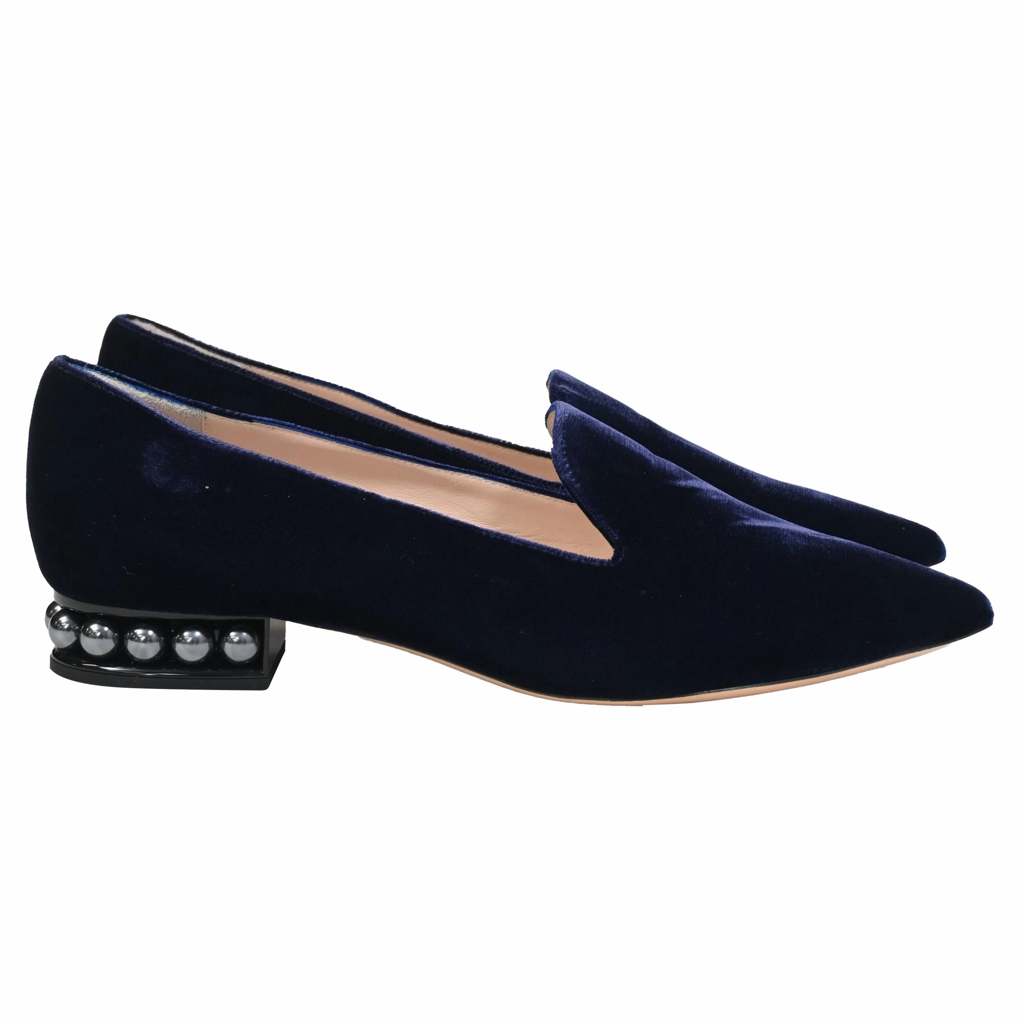 Nicholas Kirkwood Faux Pearl Embellished Loafers In Navy Blue Velvet Trendy Flats for Women