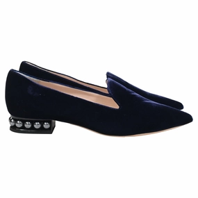 Nicholas Kirkwood Faux Pearl Embellished Loafers In Navy Blue Velvet Trendy Flats for Women