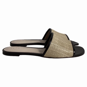 Porte & Paire Leather-Trimmed Slides in Black Raffia Soft Sole Flats Womens sale