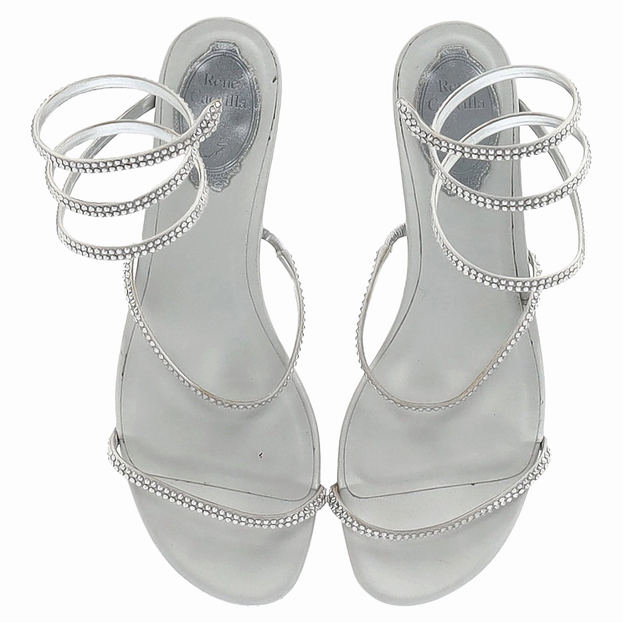 Rene Caovilla Cleo Flat Spiral Sandals in Silver Leather