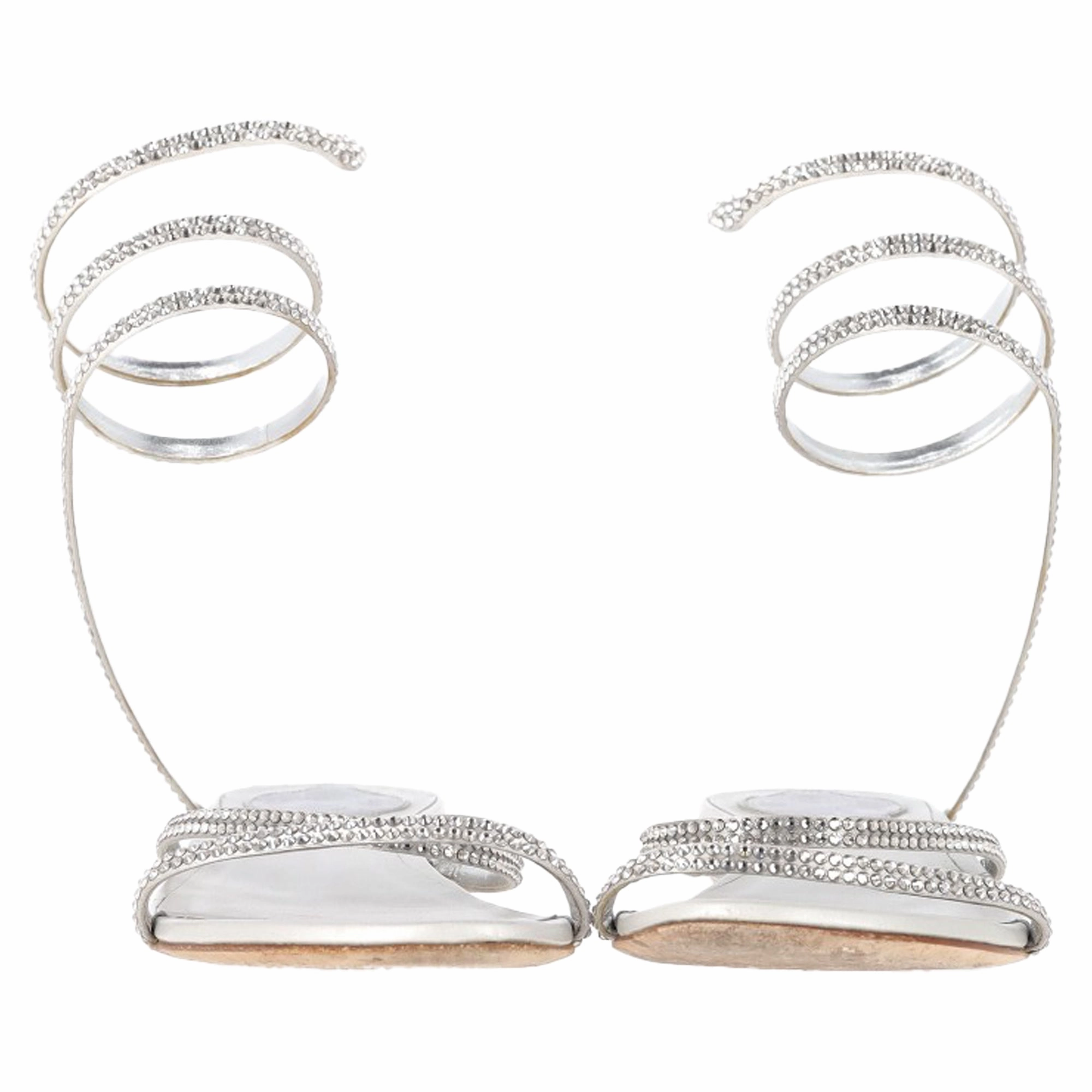 Rene Caovilla Cleo Flat Spiral Sandals in Silver Leather