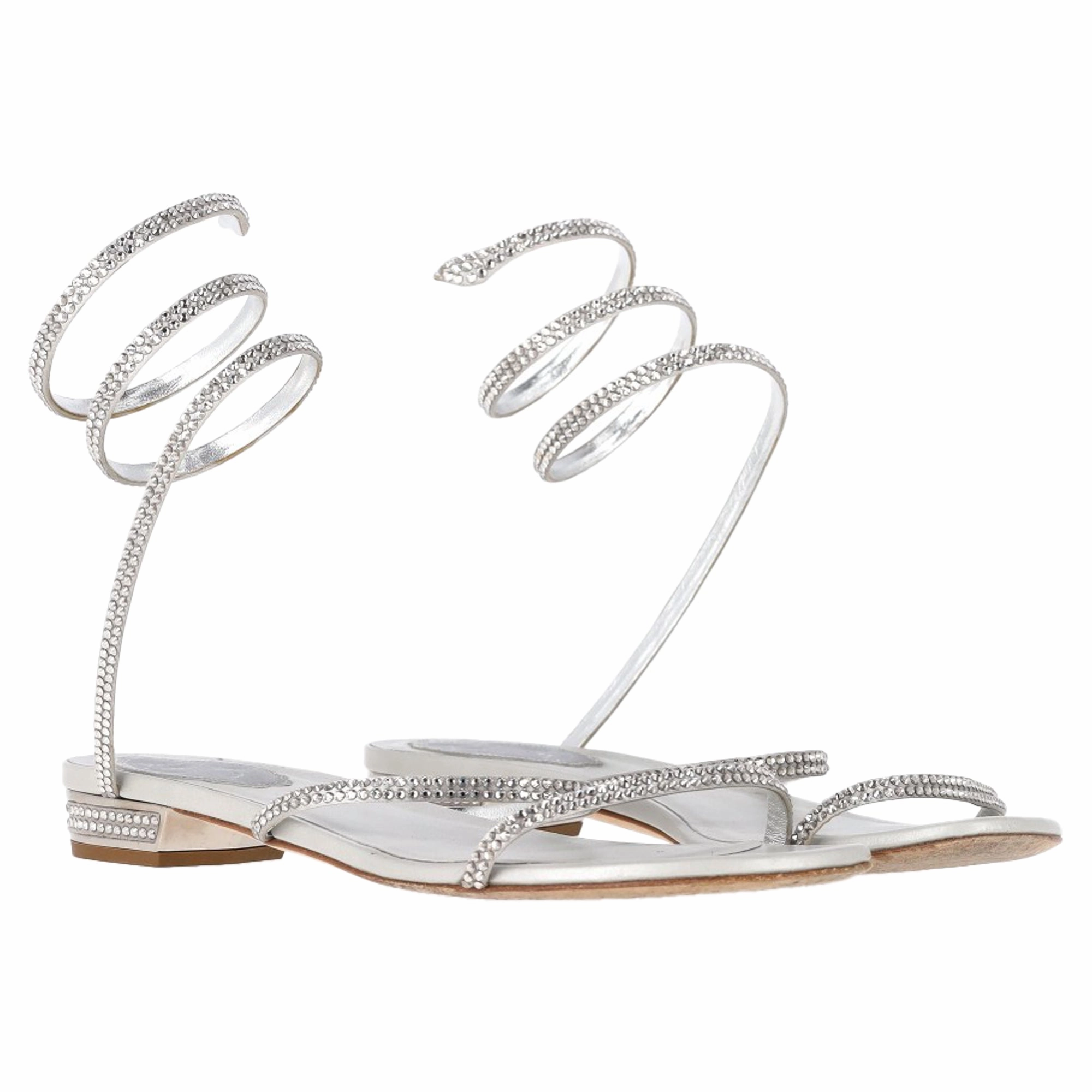 Rene Caovilla Cleo Flat Spiral Sandals in Silver Leather