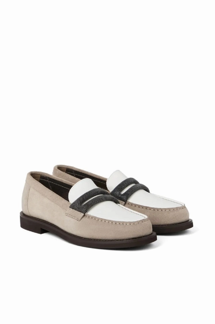 Suede And Leather Loafers With Contrasting Band