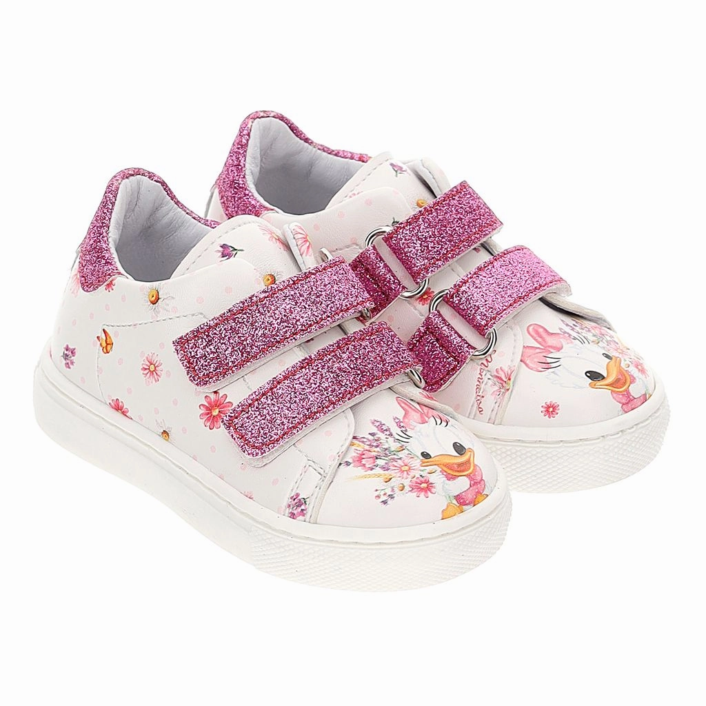 White & Pink Graphic Print Sneakers Affordable Casual Footwear for Girls