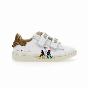 White Mickey   Minnie Leopard Tab Velcro Sneakers Affordable Casual Footwear for Girls