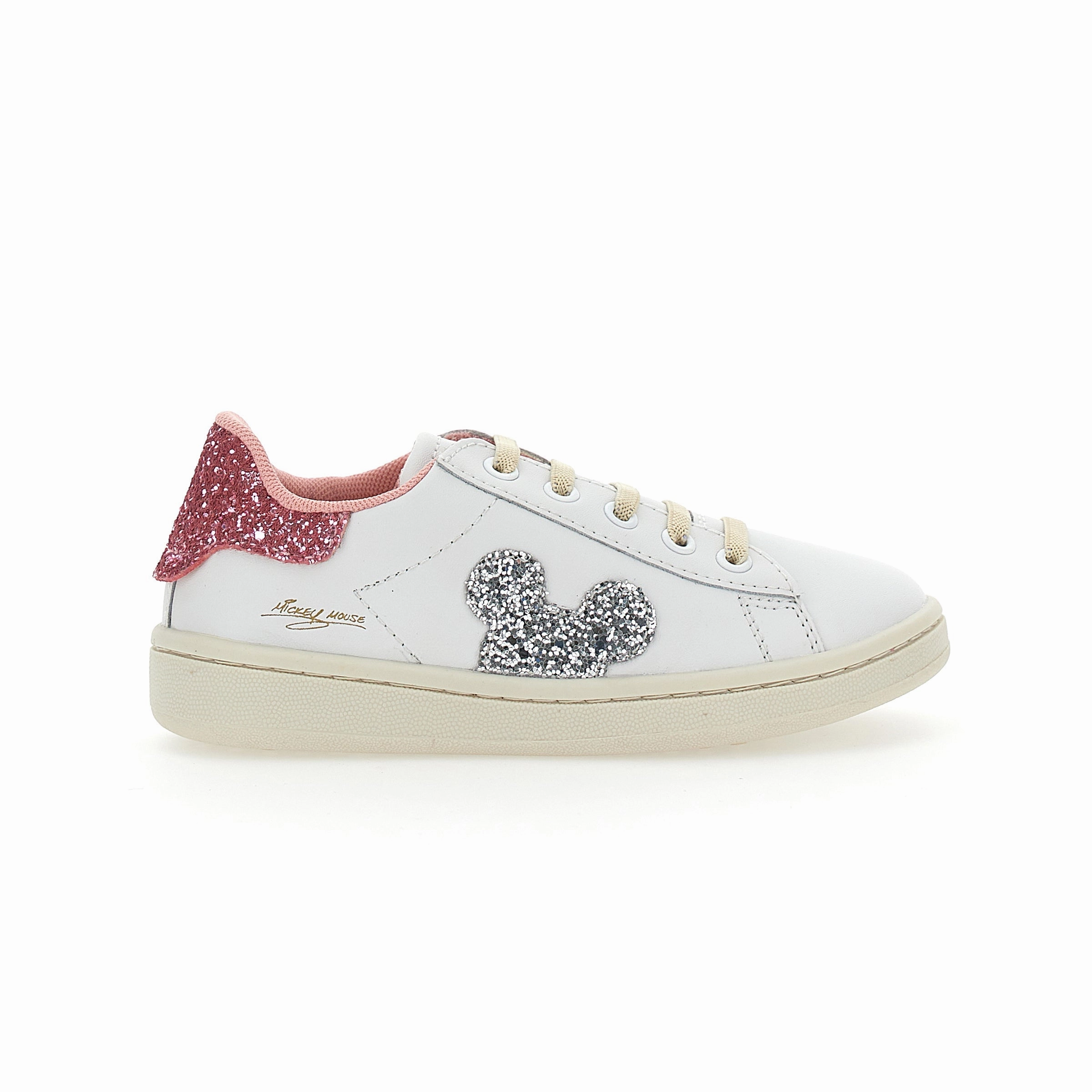 White Mickey Gem Glitter Tab Sneakers Affordable Casual Footwear for Girls