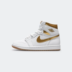 Womens Air Jordan 1 Retro High OG - White/Metallic Gold-Gum Light Brown Sneakers trending now